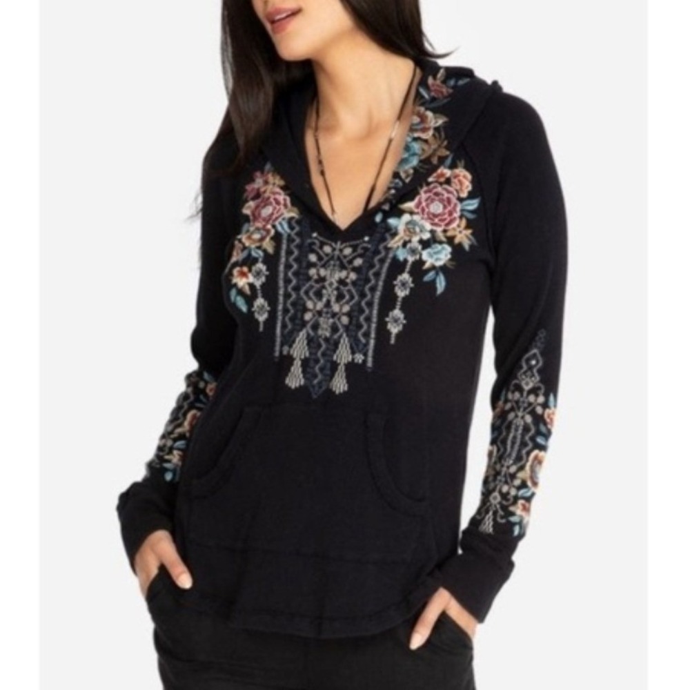 Johnny Was Eleni Thermal Pullover Hoodie Sweater Womens M Black  Embroidered